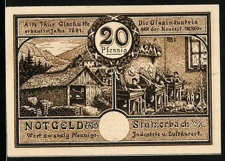Notgeld Stützerbach w. A. 1921, 20 Pfennig, alte Thür. Glashütte, Glasindustrie der Neuzeit, Zahnradbahn