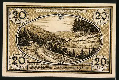 Notgeld Stützerbach w. A. 1921, 20 Pfennig, alte Thür. Glashütte, Glasindustrie der Neuzeit, Zahnradbahn