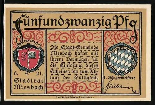 Notgeld Miesbach 1921, 25 Pfennig, Wappen, Ortspartie mit Kirche