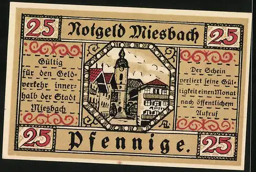 Notgeld Miesbach 1921, 25 Pfennig, Wappen, Ortspartie mit Kirche