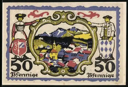 Notgeld Miesbach 1920, Wappen, Ortsansicht aus der Vogelschau, Mann und Frau in Tracht