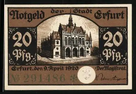Notgeld Erfurt 1920, 20 Pfennig, Blick aufs Rathaus