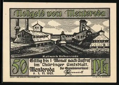 Notgeld Menteroda 1921, 50 Pfennig, Kaliwerk Volkenroda, Leineweberei