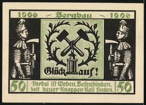 Notgeld Menteroda 1921, 50 Pfennig, Kaliwerk Volkenroda, Bergbauarbeiter und Bergbausymbolik