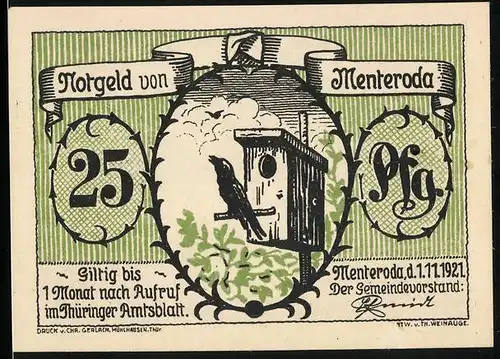 Notgeld Menteroda 1921, 25 Pfennig, Vogelhaus mit Vogel, Füchse und Wolf auf einer Lichtung