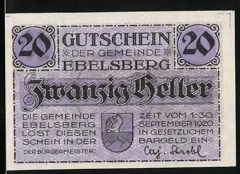 Notgeld Ebelsberg 1920, 20 Heller, Blick auf die Burg