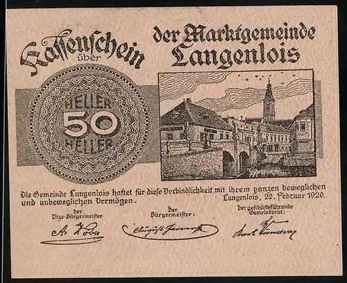 Notgeld Langenlois 1920, 50 Heller, Uferpartie an einer Brücke, Blick auf den Kirchturm