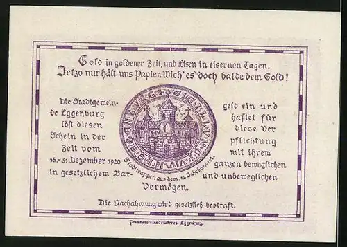 Notgeld Eggenburg 1920, 50 Heller, Altes Stadtwappen und Ansicht der Burg