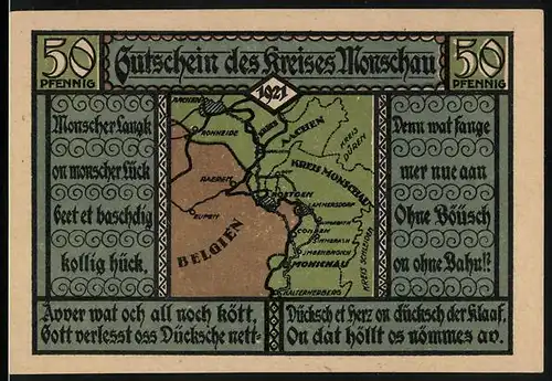 Notgeld Monschau 1921, 50 Pfennig, Karte der Region, Heiligendarstellung