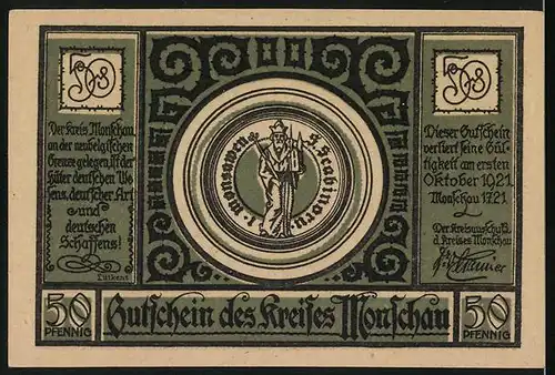 Notgeld Monschau 1921, 50 Pfennig, Karte der Region, Heiligendarstellung