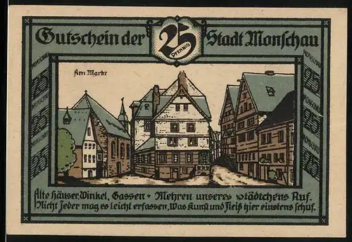 Notgeld Monschau 1921, 25 Pfennig, Partie am Markt