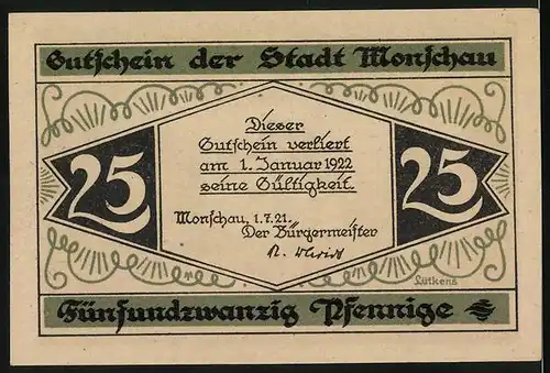 Notgeld Monschau 1921, 25 Pfennig, Partie am Markt