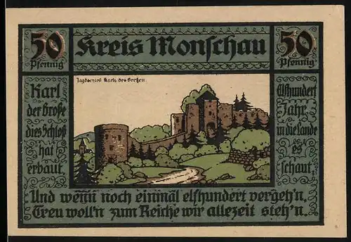 Notgeld Monschau 1921, 50 Pfennig, Jagdschloss Karls des Grossen