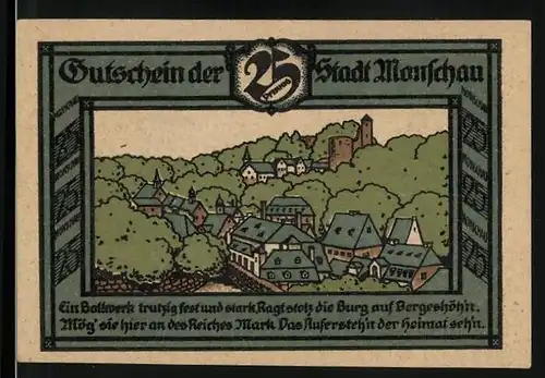 Notgeld Monschau 1921, 25 Pfennig, Burg über der Ortschaft