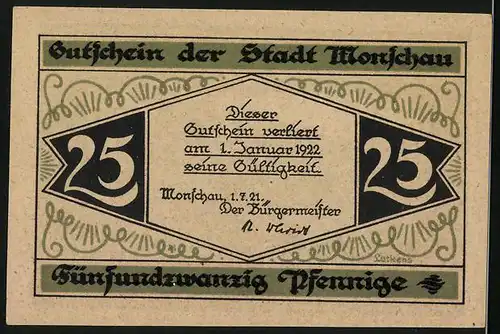 Notgeld Monschau 1921, 25 Pfennig, Burg über der Ortschaft