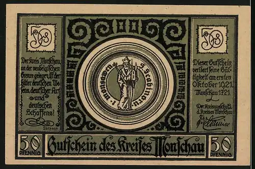 Notgeld Monschau 1921, 50 Pfennig, Fachwerkhäuser am Fluss