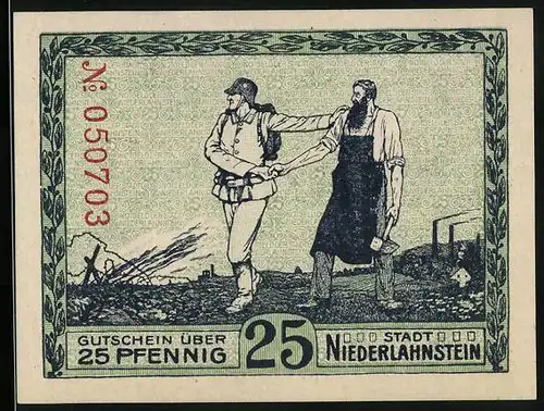 Notgeld Niederlahnstein 1917, 25 Pfennig, Soldat und Schmied an der Front