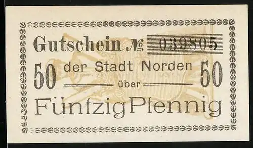 Notgeld Norden 1918, 50 Pfennig, Wappen im Hintergrund