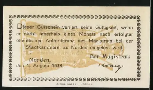 Notgeld Norden 1918, 50 Pfennig, Wappen im Hintergrund