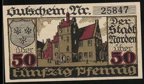 Notgeld Norden 1919, 50 Pfennig, Blick auf das Rathaus, Wappen