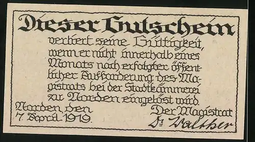 Notgeld Norden 1919, 50 Pfennig, Blick auf das Rathaus, Wappen