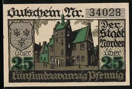 Notgeld Norden 1919, 25 Pfennig, Partie am Rathaus, Wappen