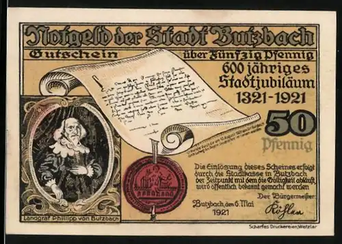Notgeld Butzbach 1921, 50 Pfennig, Hexenturm, Friedeler Tor, Landgraf Phillipp von Butzbach