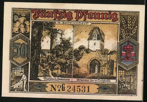 Notgeld Butzbach 1921, 50 Pfennig, Hexenturm, Friedeler Tor, Landgraf Phillipp von Butzbach