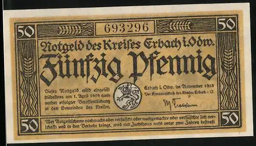 Notgeld Erbach i. Odw. 1918, 50 Pfennig, Bauer bei der Aussaat