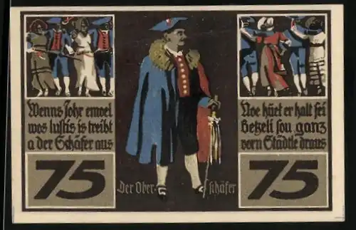 Notgeld Rothenburg 1921, 75 Pfennig, Schäfer mit seiner Herde, Oberschäfer in Tracht