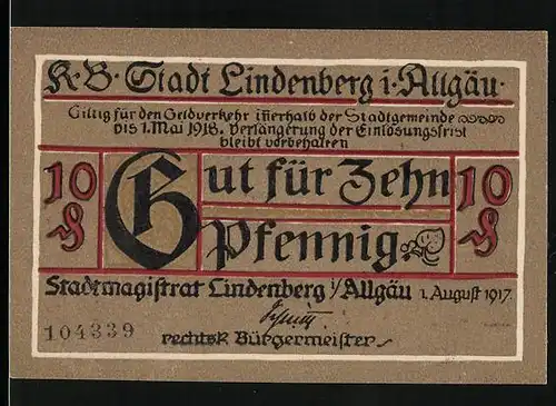 Notgeld Lindenberg i. Allgäu 1917, 10 Pfennig, Ritter mit brennender Lunte an einer Kanone