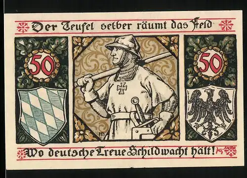 Notgeld Lindenberg i. Allgäu 1917, 50 Pfennig, Wappen und Kreuzritter, Kirche