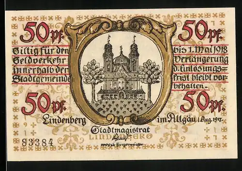 Notgeld Lindenberg i. Allgäu 1917, 50 Pfennig, Wappen und Kreuzritter