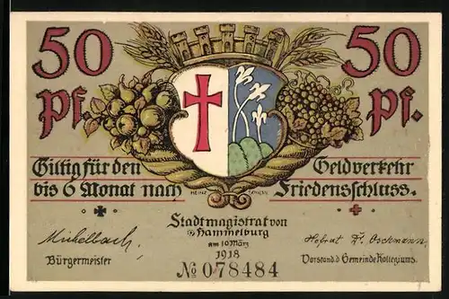 Notgeld Hammelburg 1918, 50 Pfennig, Wappen, Ortsansicht mit Kirche