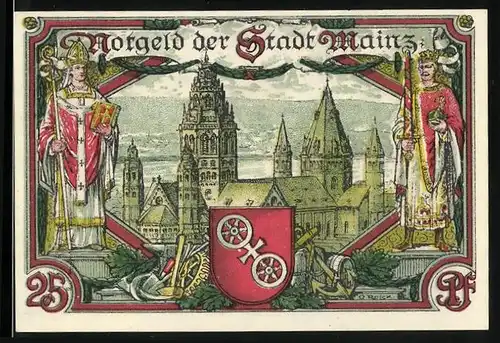 Notgeld Mainz 1921, 25 Pfennig, Hafenpanorama mit Raddampfern, Kirche