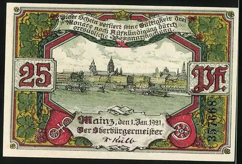 Notgeld Mainz 1921, 25 Pfennig, Hafenpanorama mit Raddampfern, Kirche