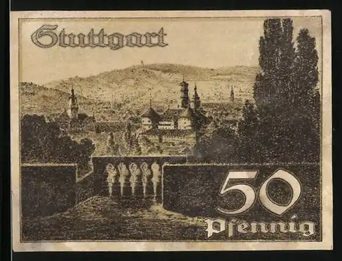 Notgeld Stuttgart 1921, 50 Pfennig, Wappen, Ortsansicht mit Kirche