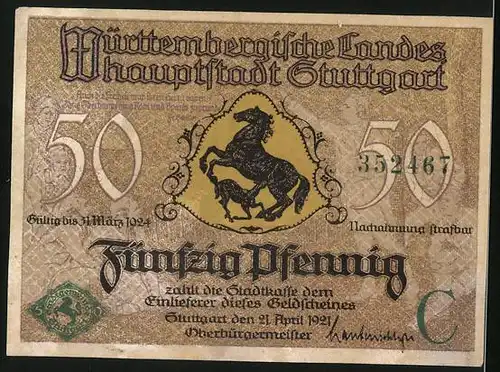 Notgeld Stuttgart 1921, 50 Pfennig, Wappen, Ortsansicht mit Kirche