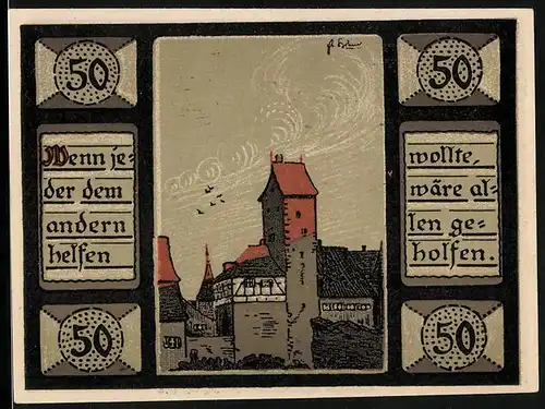 Notgeld Mainbernheim 1920, 50 Pfennig, Ortspartie mit kleinem Vogelschwarm