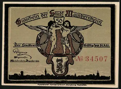 Notgeld Mainbernheim 1920, 50 Pfennig, Ortspartie mit kleinem Vogelschwarm