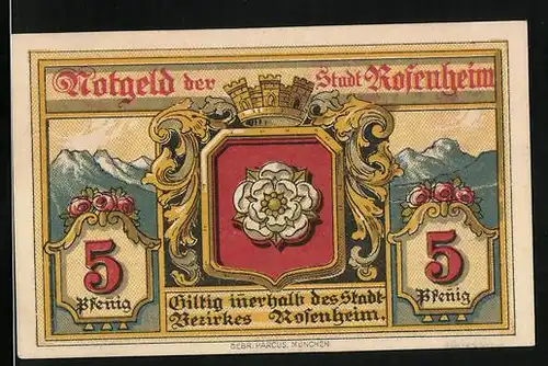 Notgeld Rosenheim 1921, 5 Pfennig, Wappen und Säulengang
