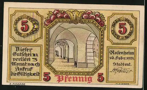 Notgeld Rosenheim 1921, 5 Pfennig, Wappen und Säulengang
