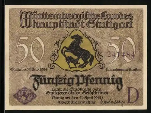 Notgeld Stuttgart 1921, 50 Pfennig, Uferpartie an einer Brücke