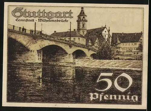 Notgeld Stuttgart 1921, 50 Pfennig, Uferpartie an einer Brücke