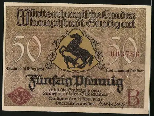 Notgeld Stuttgart 1921, 50 Pfennig, Blick aufs Königstor