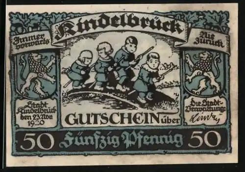 Notgeld Kindelbrück 1920, 50 Pfennig, Kinder auf einer Brücke, Uferpartie an einem Weiher