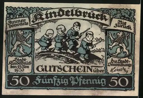 Notgeld Kindelbrück 1920, 50 Pfennig, Wappen, Kinder auf einer Brücke