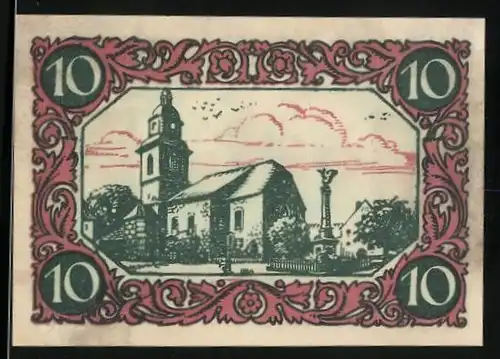 Notgeld Kindelbrück 1920, 10 Pfennig, Kriegerdenkmal und Kirche