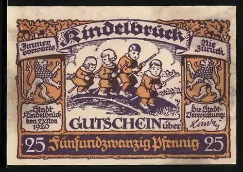 Notgeld Kindelbrück 1920, 25 Pfennig, Kinder auf einer Brücke, Rathaus
