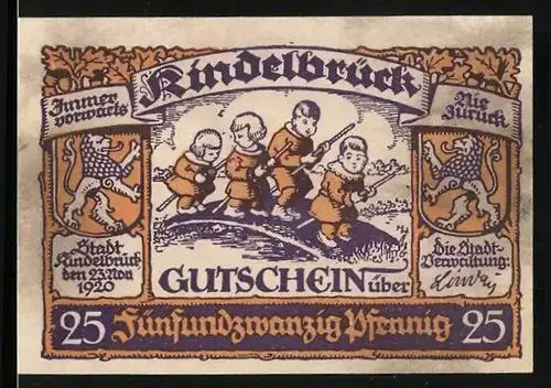 Notgeld Kindelbrück 1920, Rathaus, Kinder auf einer Brücke